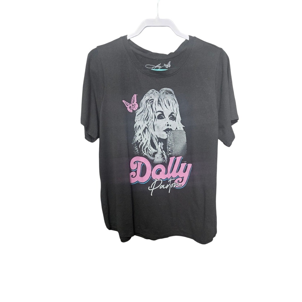 Dolly Parton Graphic T-Shirt Womens 1X Black Pink Butterfly Short Sleeve Tee